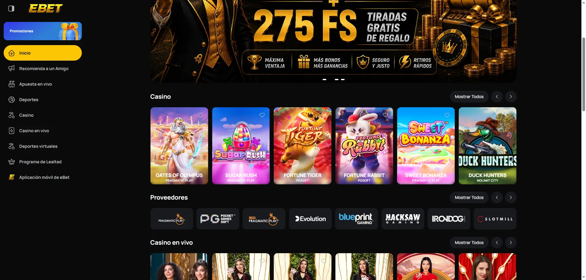 Catálogo de slots y juegos de eBet Casino con proveedores líderes