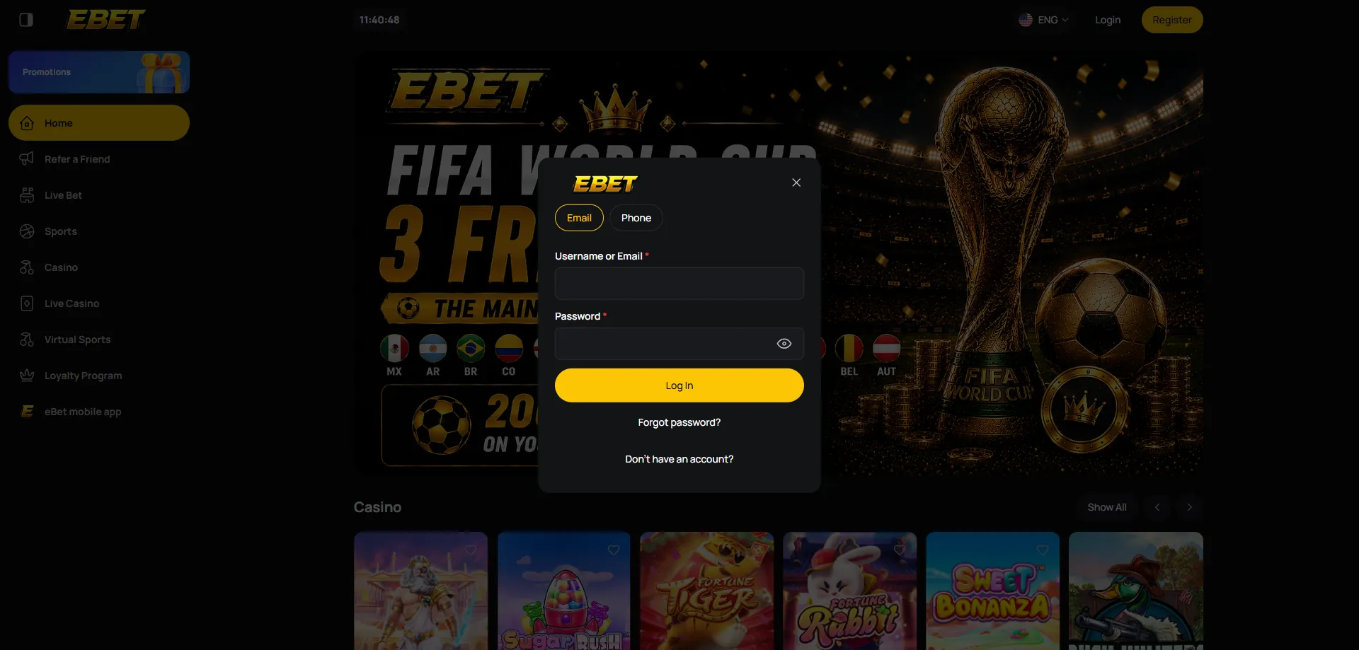 Interfaz de eBet Casino intuitiva y moderna para usuarios de México