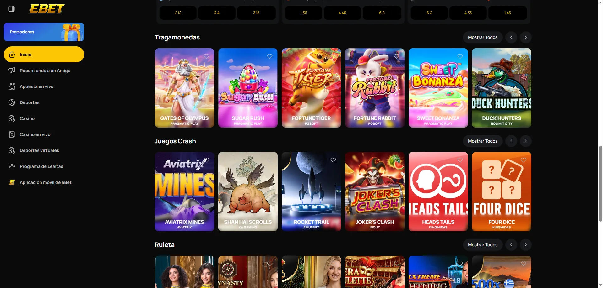 Catálogo de tragaperras en la eBet Casino app móvil
